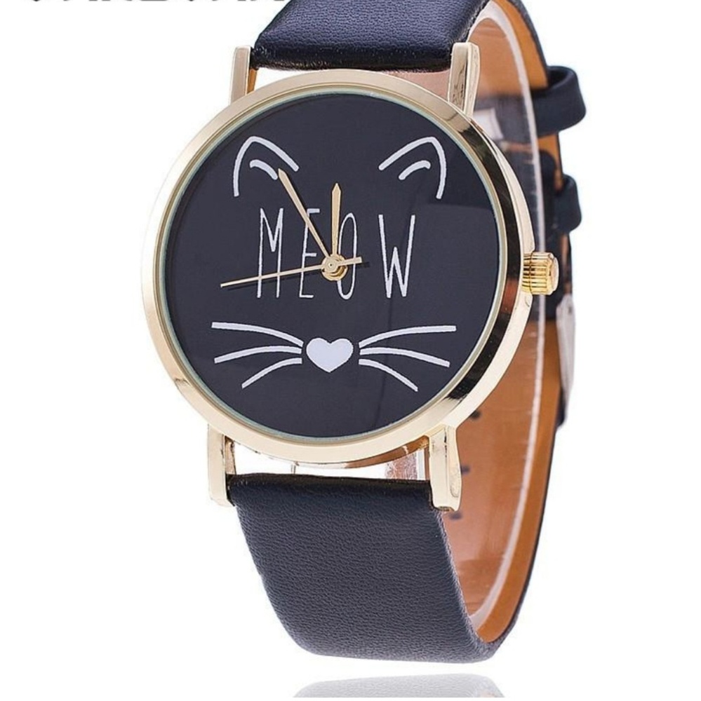 NEW Black Face Gold Cat Watch Whiskers Heart